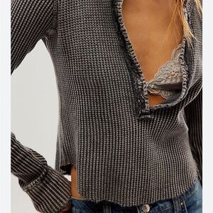 Free People Colt Long Sleeve Waffle Knit Henley Charcoal